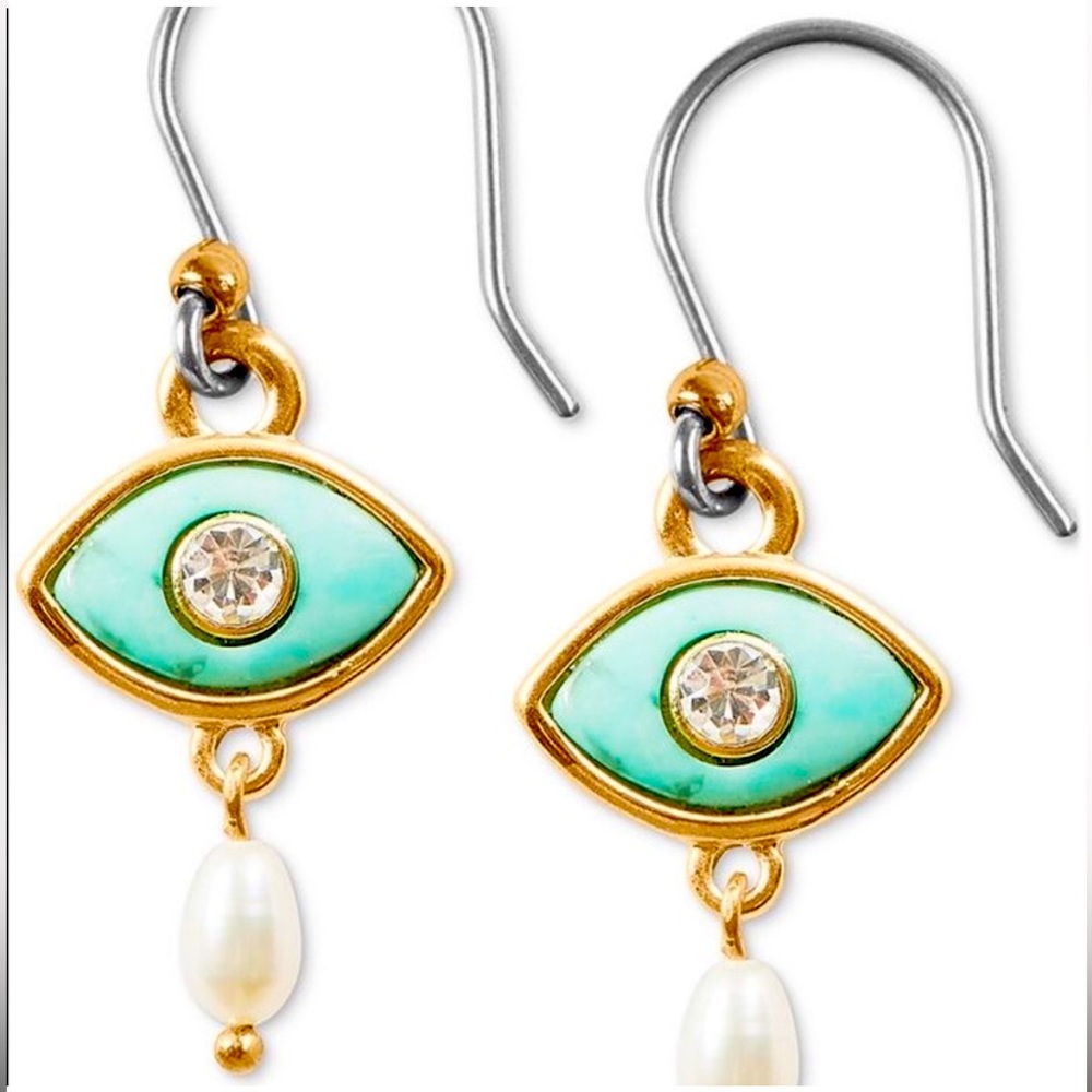 NIB Lucky Brand Gold-Tone, Green           Stone & Pearl Evil Eye Drop Earrings